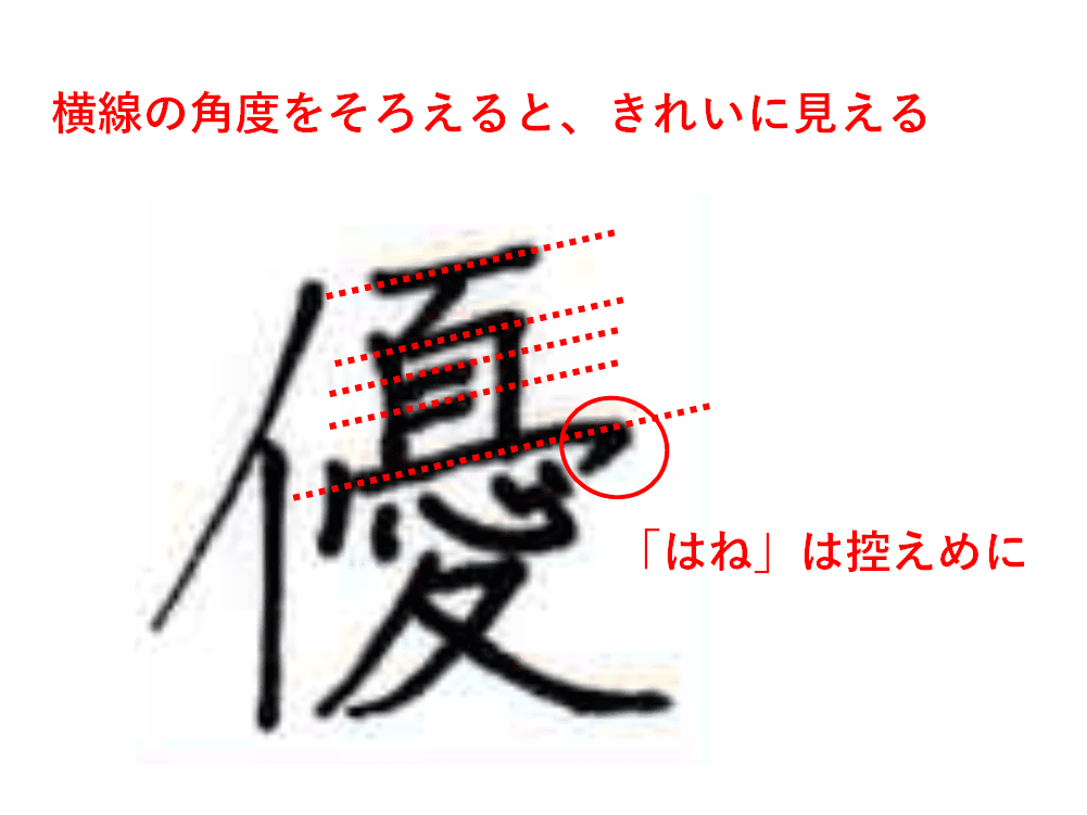 「憂」の横線は角度をそろえる：「優」