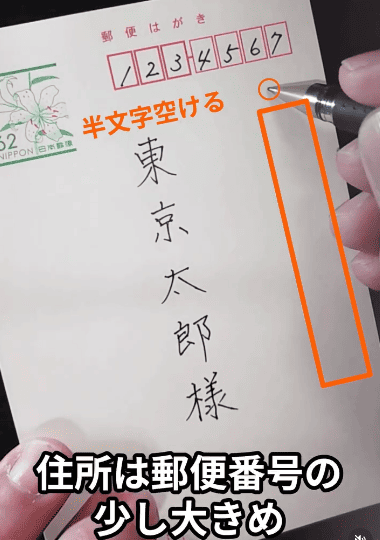 住所は四角マスより少し大きめの文字で、書き始めは一文字空ける：「ハガキの書き方」
