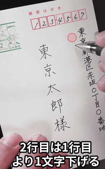 住所の2行目は、1行目の書き始めより一文字下げる：「ハガキの書き方」