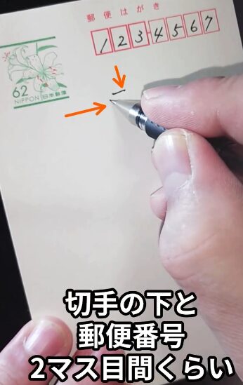 宛名の書き始め位置は、切手下部と四角マスの1個目・2個目の間くらいから書く：「ハガキの書き方」