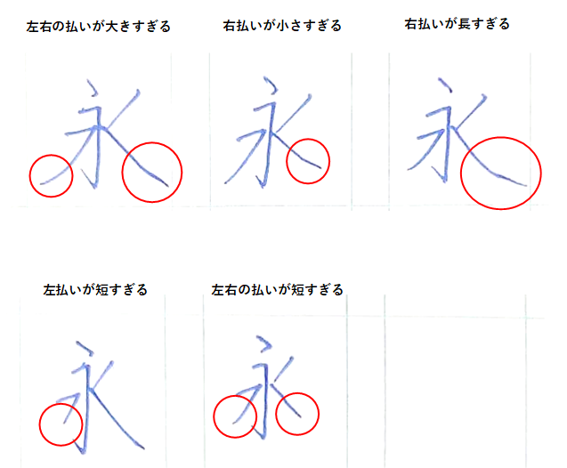 永の失敗例(払いのバランスが悪い):「永の書き方」