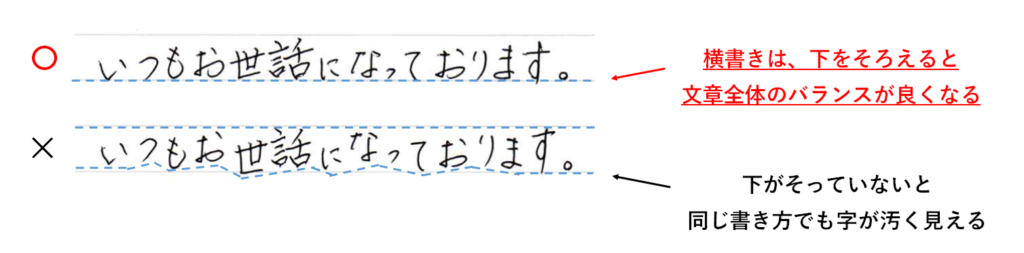 字が汚い人の特徴：文字の配置・バランスが悪い参考例：「字が汚い なぜ」