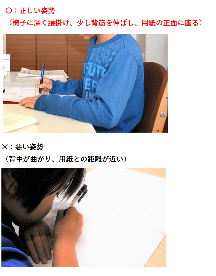 きれいな字を書くための基本：書くときの姿勢（正しい姿勢・悪い姿勢）：「字が汚い なぜ」