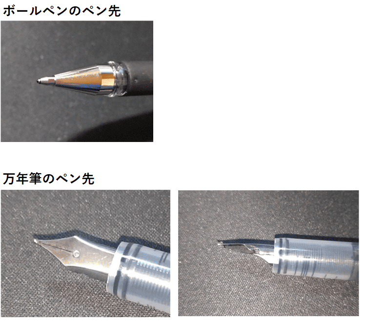 万年筆とボールペンのペン先:「万年筆とボールペンの違い」