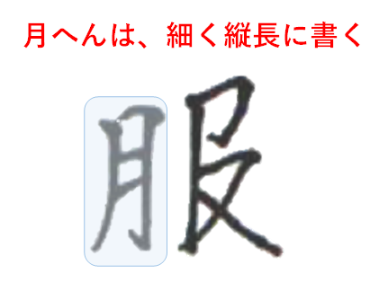 月へんは細く縦長に書く：「服　書き方」